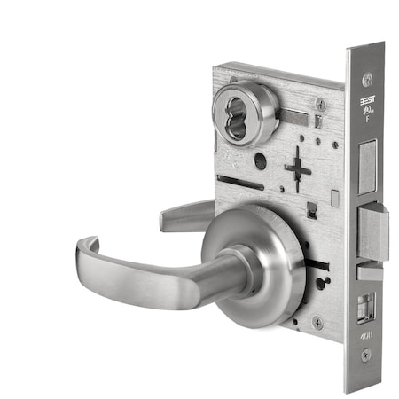 Grade 1 Office Mortise Lock, 14 Lever, R Rose, SFIC Housing Less Core, Satin Chrome Finish